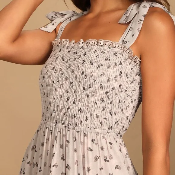 Taupe Floral Print Tie-Strap Smocked Dress - Picture 5 of 5